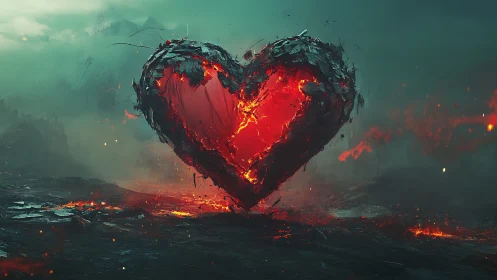 Molten Heart Emerging From Scorched Earth Against Emerald Skies.