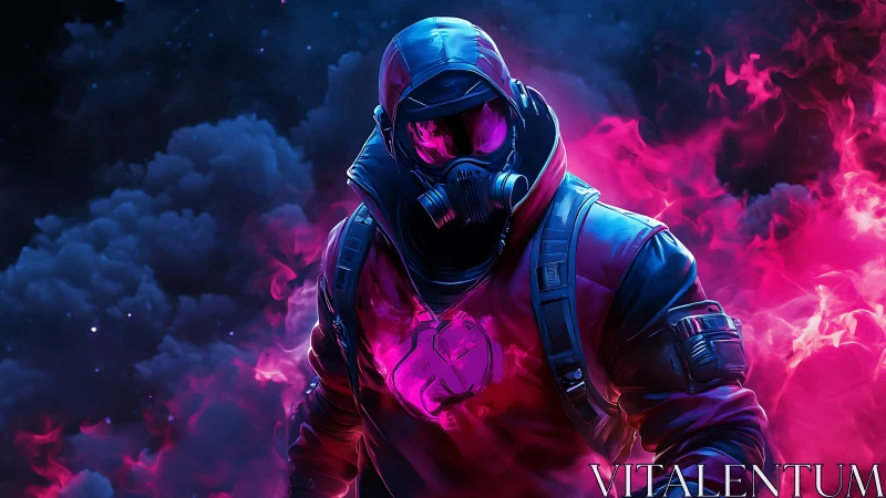 Hooded gas mask figure in neon pink and blue smoke.