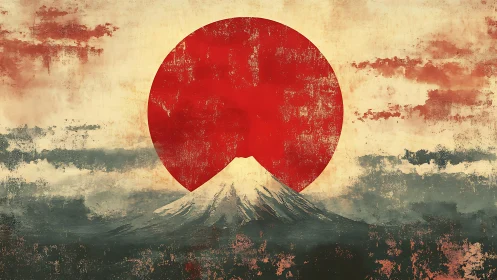 Rising sun over Mount Fuji in textured minimalist style.