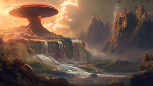 Futuristic plateau with tiered waterfalls and rock formations.