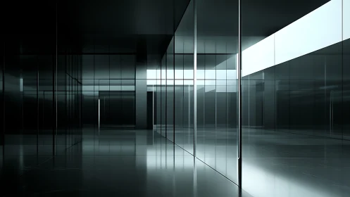 Glass corridors in stark minimal futuristic interior.