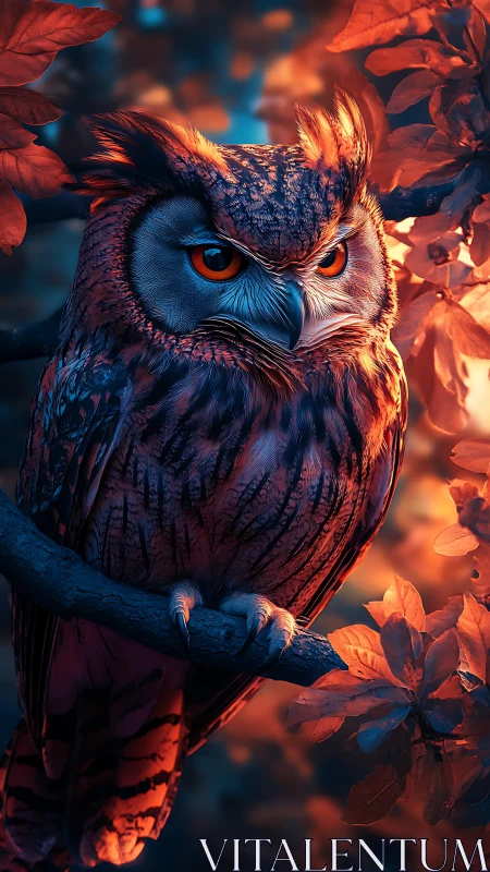Nocturnal horned owl in fiery teal bicolor lighting study.