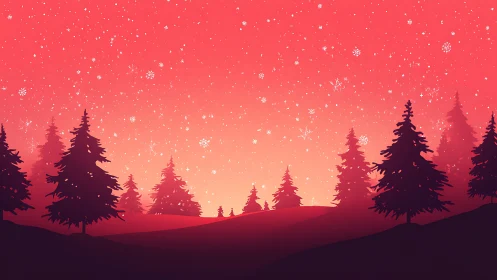 Red winter forest skyline under falling snow at dusk.