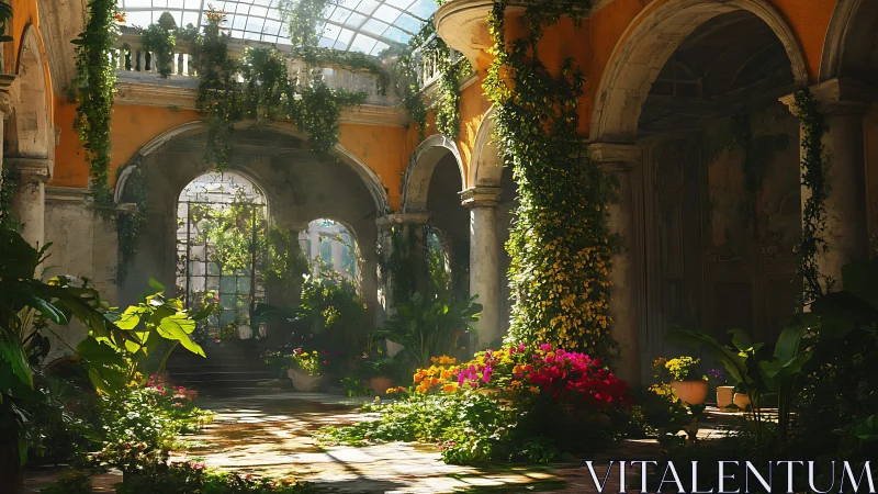 Overgrown sunlit courtyard with lush flowering plants.