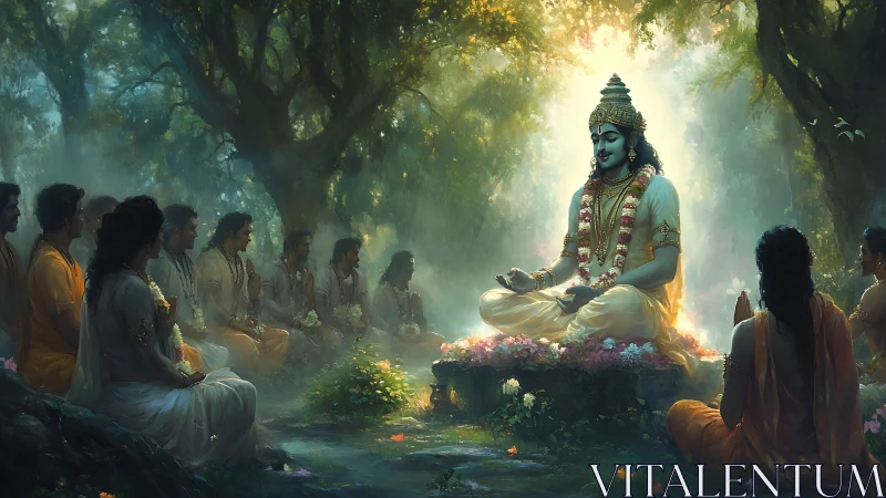 Divine teacher meditating in luminous forest clearing scene