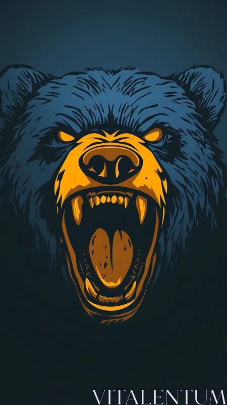 Roaring bear head glows in bold blue and orange contrast.