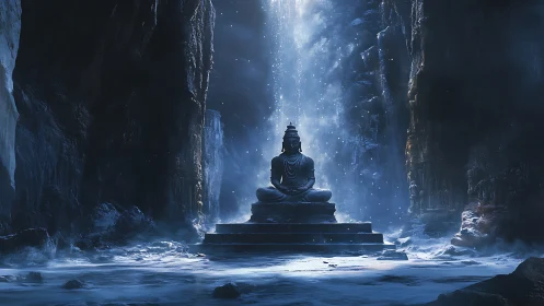 Stone deity statue receives ethereal polar shaft of light.