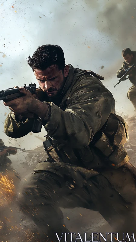 Battle-hardened soldier charges through chaotic firefight.