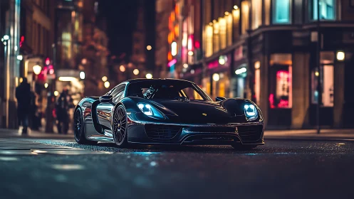 Midnight supercar glides through neon city streets.