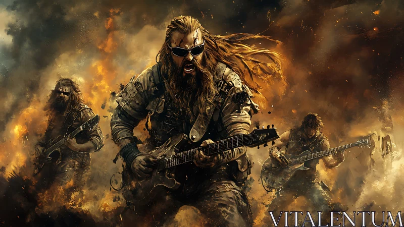 Post-apocalyptic rock guitarists in dynamic performance scene.