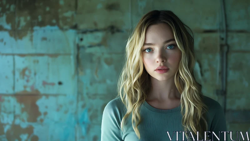 Soft-lit portrait of blonde woman against teal textured wall.