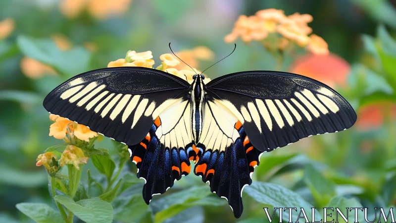 Swallowtail butterfly spreads patterned wings on garden flowers.