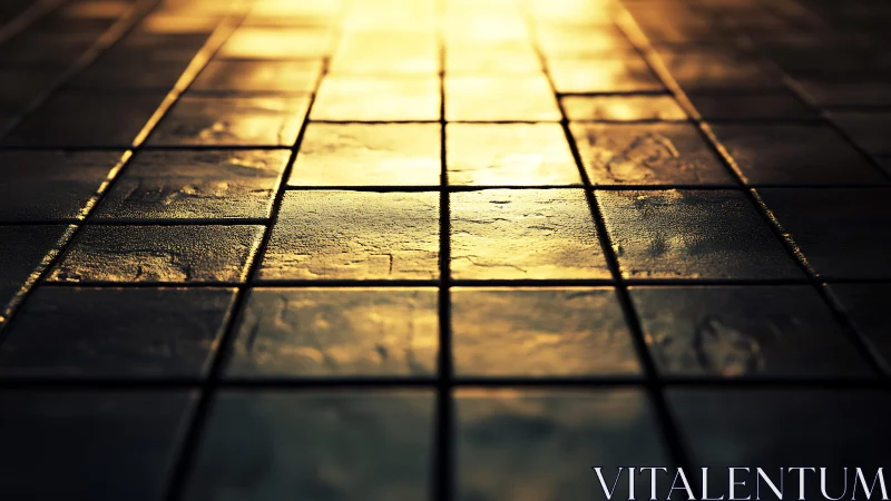 Golden sunlight reflecting on wet ceramic tiles, dramatic style.