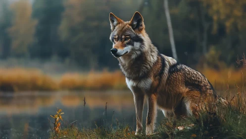 Solitary wolf beside misty autumn lake at dusk.