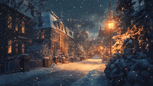 Snowy town street glows under warm lamplight at nightfall.