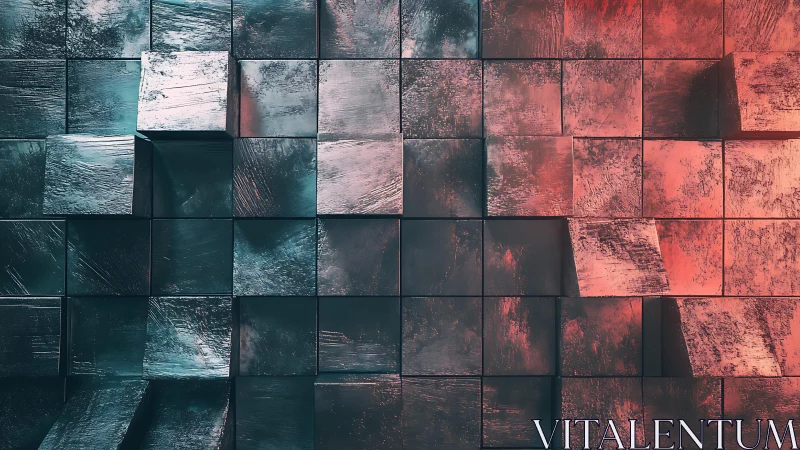 Abstract textured 3D cubes in blue and red modern digital art.