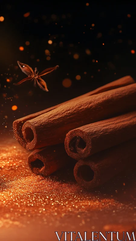 Macro close-up of cinnamon sticks with star anise and warm bokeh