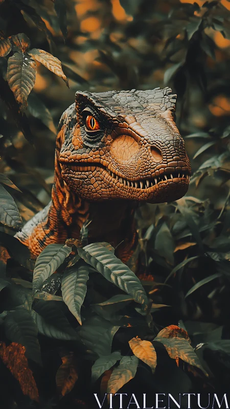 Velociraptor head emerging from dense jungle foliage.