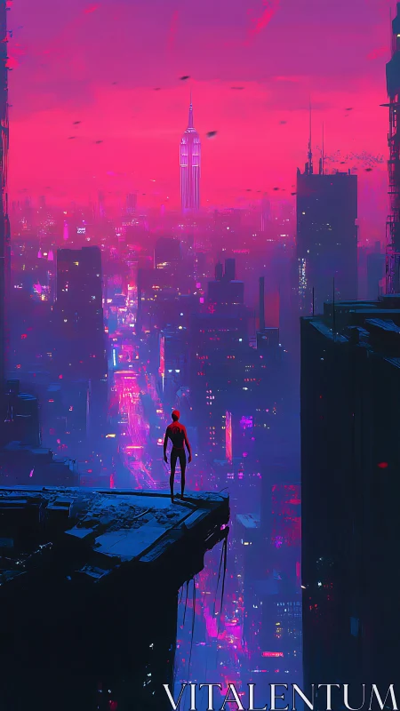 Solitary figure overlooking neon pink cyberpunk skyline.