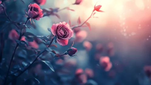 Soft Blooms: A Garden of Pink Roses in Dreamy Light.