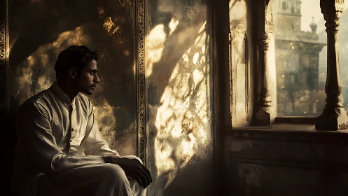 Side-lit man in traditional attire studies dappled window shadows