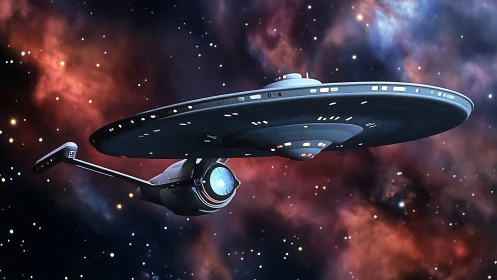 Starship glides past vivid nebula in deep space silence.