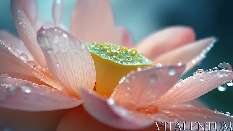 Macro lotus bloom with dewdrops on pastel pink petals.