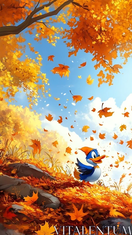 Cartoon bird walking on autumn hillside under falling leaves.