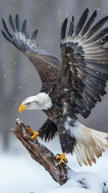 Photorealistic bald eagle landing on snowy branch in winter.