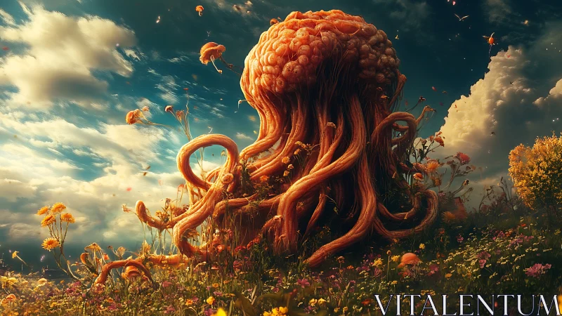 Organic tentacled structure rising in a wildflower meadow.