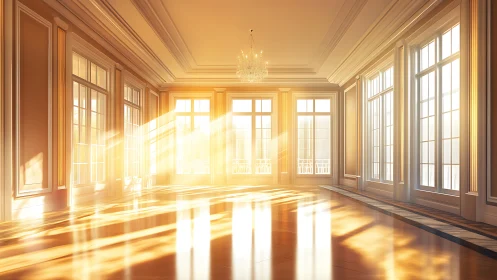 Golden morning light filling an elegant sunlit ballroom.