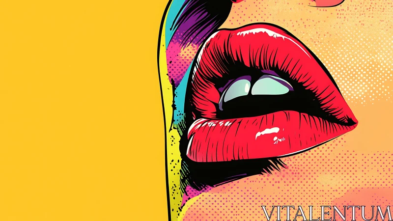Pop art close-up of glossy red lips on yellow background.
