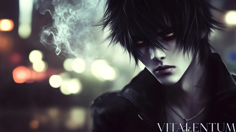 Moody anime portrait with smoky bokeh urban backdrop design.