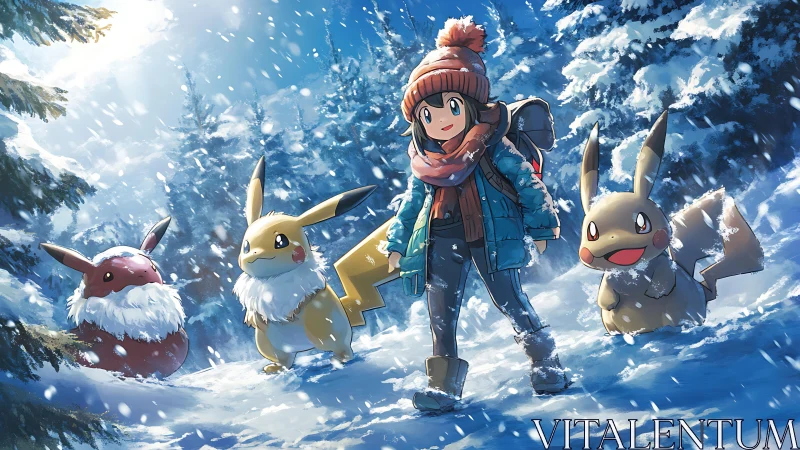 Anime trainer with winter Pokémon in snowy forest scene.