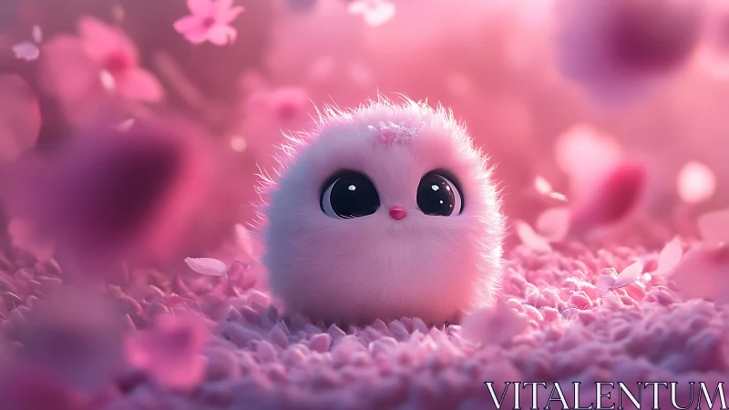 Tiny blossom puffball waits under a storm of soft petals