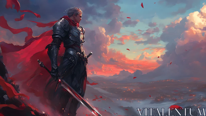 Armored knight surveys burning valley under storm-torn dusk