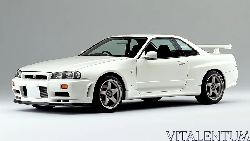 White Nissan Skyline GT-R R34 coupe on studio neutral grey background