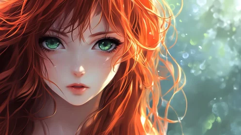 Red haired anime portrait with detailed green eyes.
