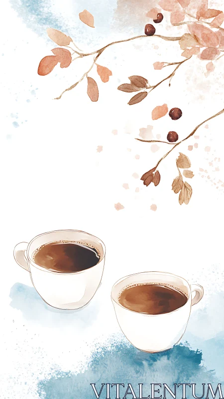 Two coffee cups sit below watercolor leaves and berries