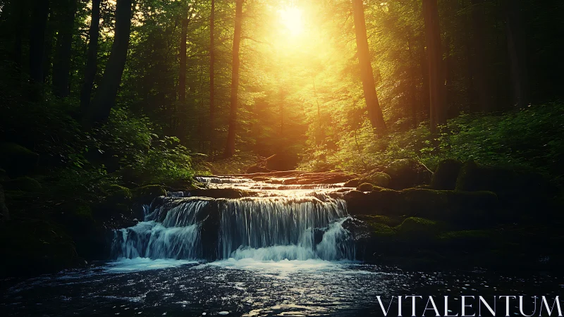 Sunlit Cascade Through Dense Forest Canopy Creates Luminous Waterfall Scene