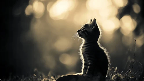 Black Kitten Gazing Upward in Golden Bokeh Light