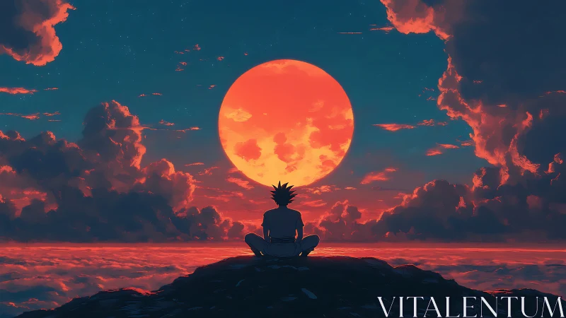 Silhouetted figure watching vast red sun above clouds.