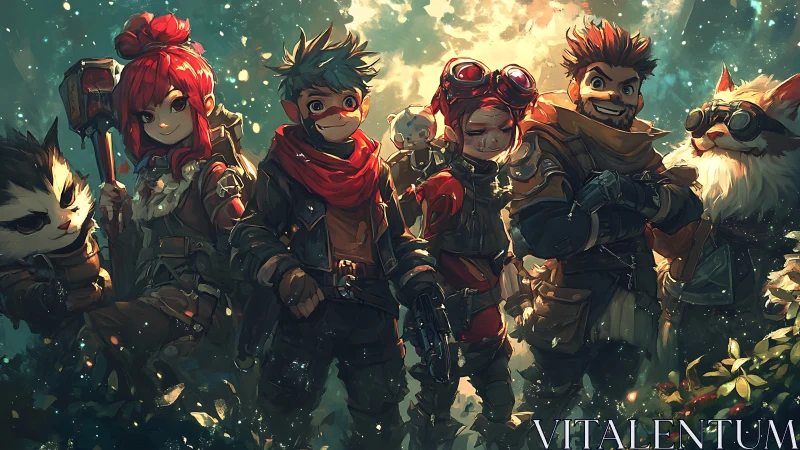 Stylized fantasy adventurer squad under glowing forest sky.