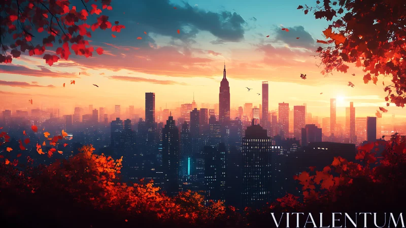 Golden hour city skyline wrapped in fiery autumn leaves.