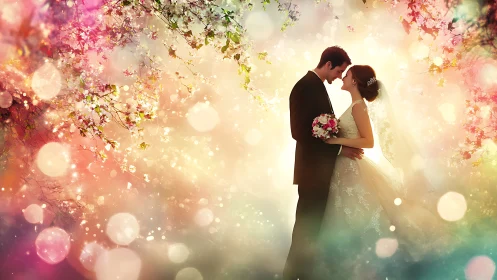 Radiant newlywed couple embraced in a dreamy garden glow.