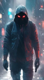 Hooded gunman with glowing red eyes in neon rainstorm.