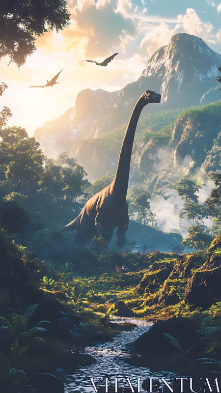 Sauropod traverses misty primeval valley at sunrise