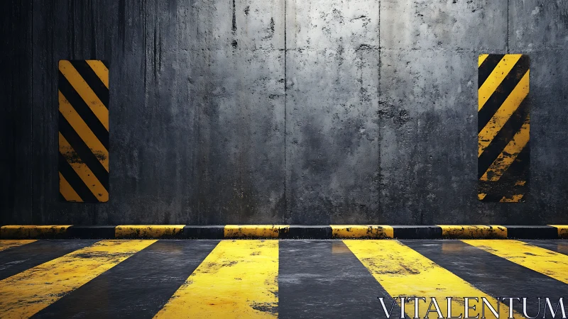 Industrial parking zone with worn yellow warning stripes.