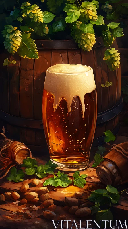 Pint of amber beer stands before wooden barrel and fresh hops