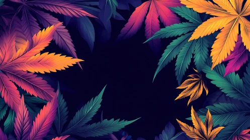 Colorful tropical leaves frame deep midnight backdrop.